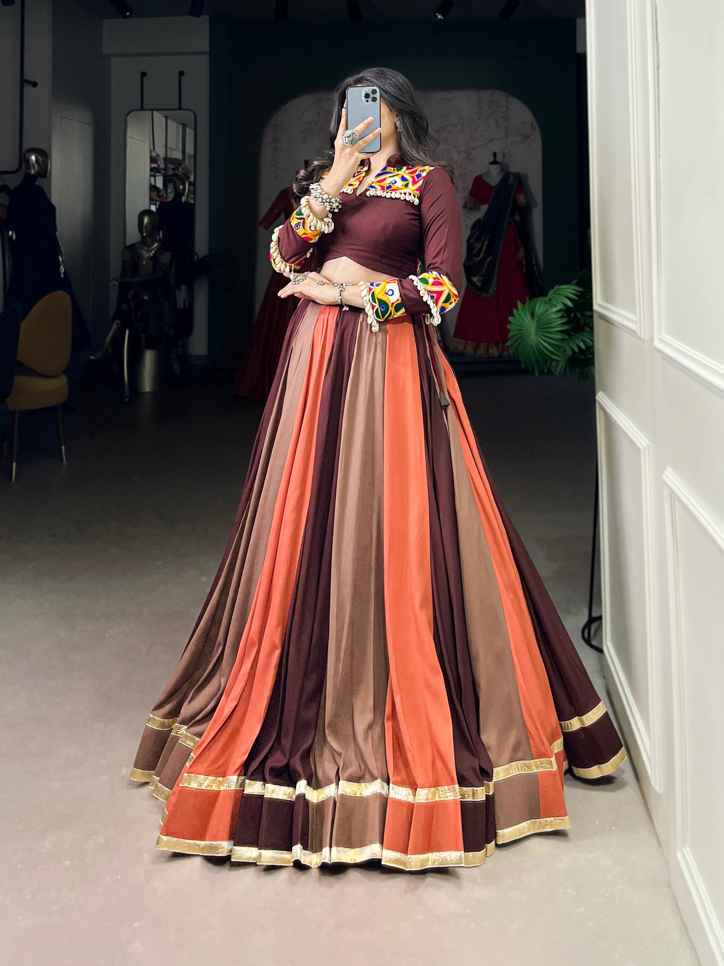 Pure Rayon Embossed Lehenga Set with Mirror Gamthi Work Blouse – Fully Stitched & Ready to Wear