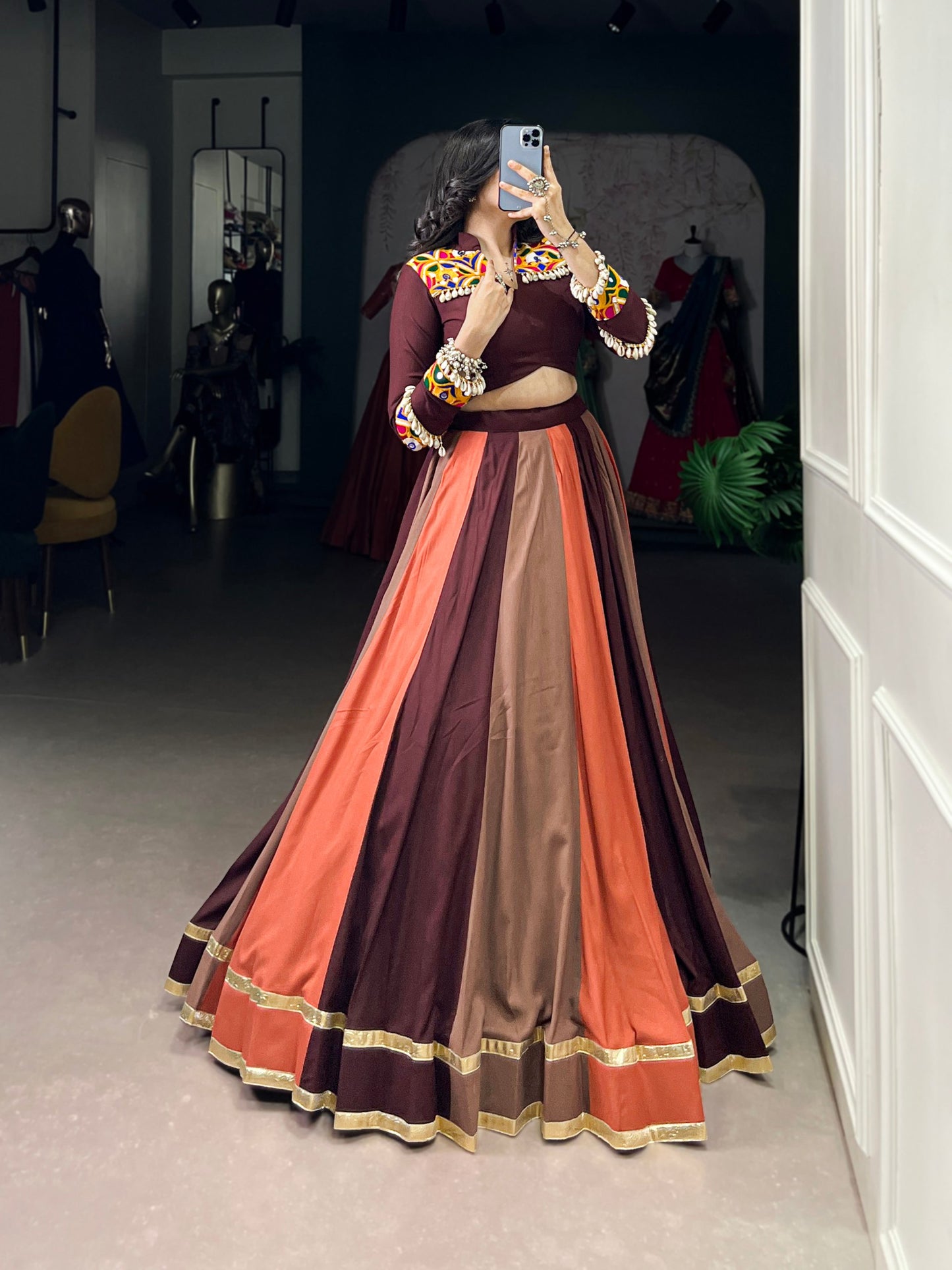 Pure Rayon Embossed Lehenga Set with Mirror Gamthi Work Blouse – Fully Stitched & Ready to Wear