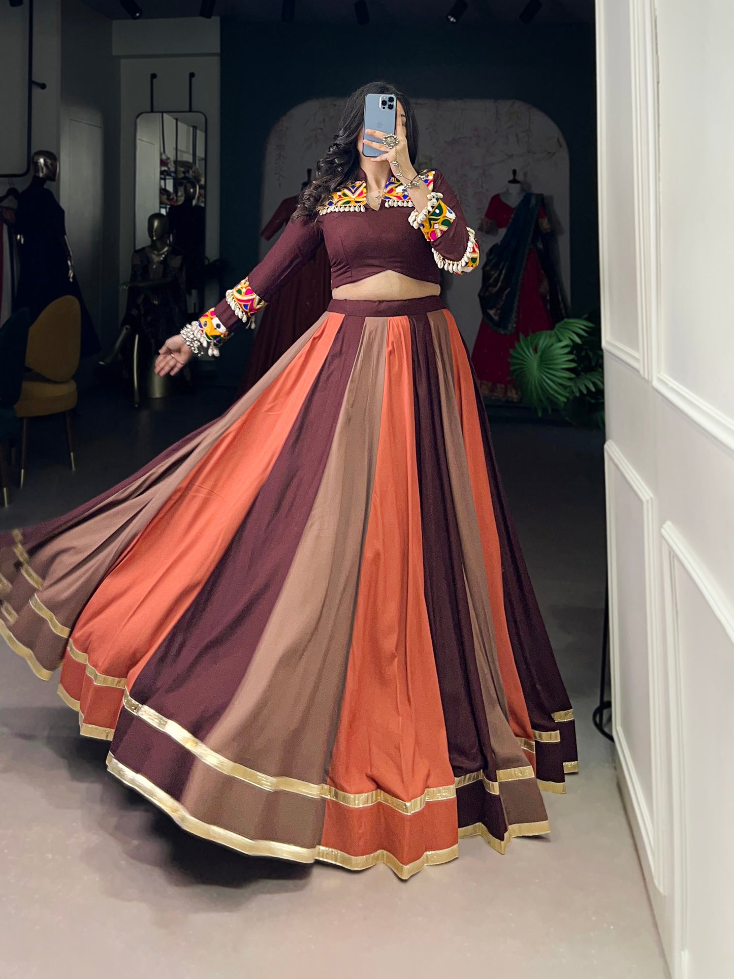Pure Rayon Embossed Lehenga Set with Mirror Gamthi Work Blouse – Fully Stitched & Ready to Wear
