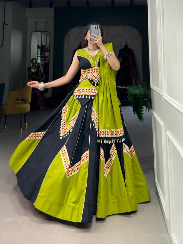 Parrot Green Gamthi Cowrie Worked Navratri Wear Lehenga Choli