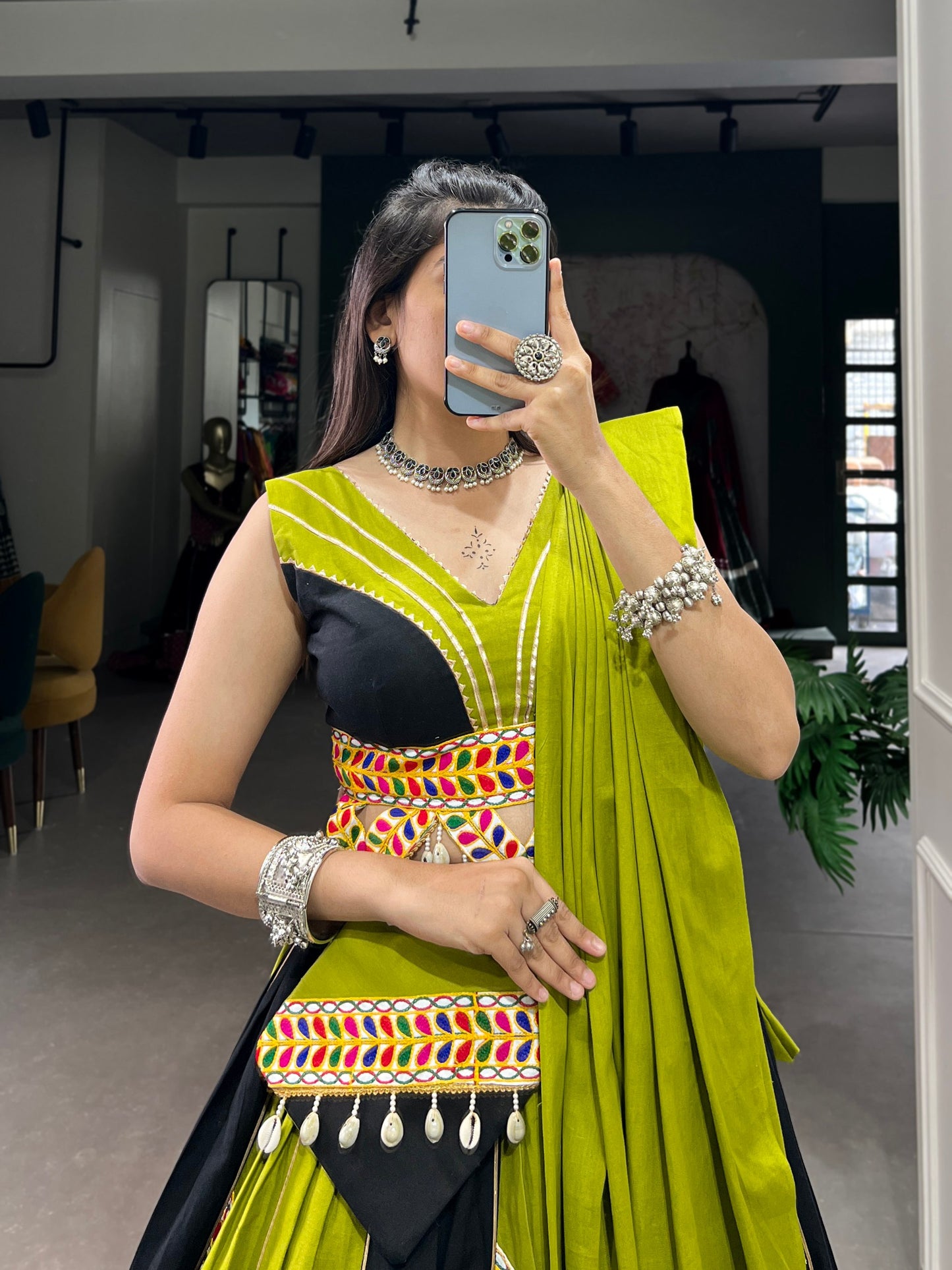 Parrot Green Gamthi Cowrie Worked Navratri Wear Lehenga Choli