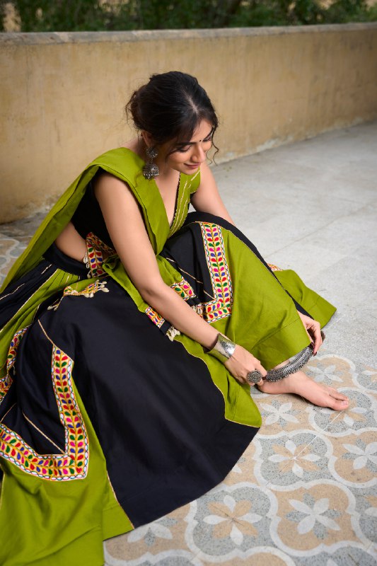 Parrot Green Gamthi Cowrie Worked Navratri Wear Lehenga Choli