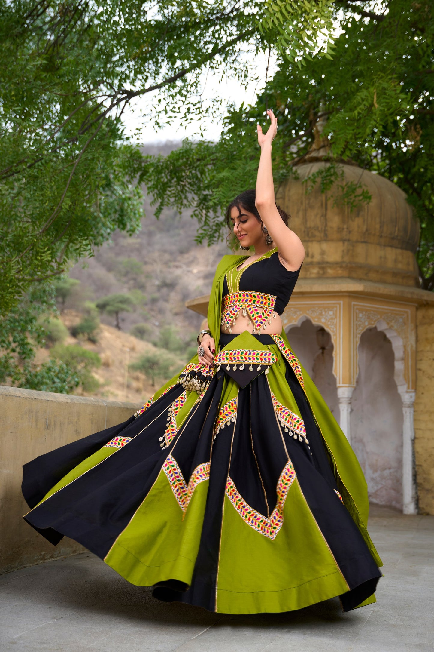 Parrot Green Gamthi Cowrie Worked Navratri Wear Lehenga Choli