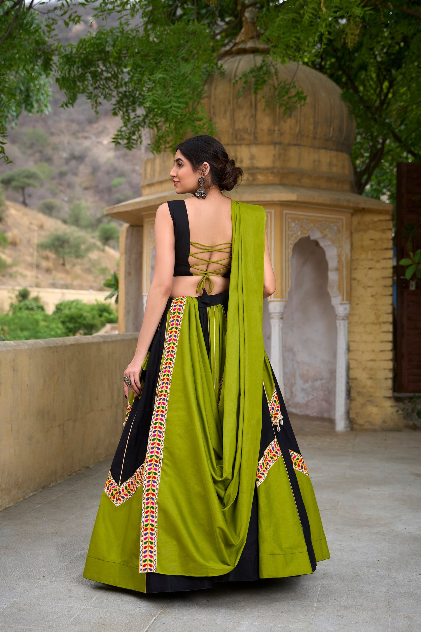 Parrot Green Gamthi Cowrie Worked Navratri Wear Lehenga Choli