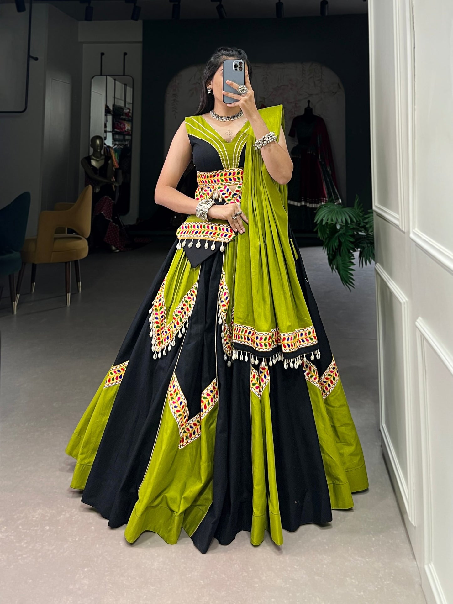 Parrot Green Gamthi Cowrie Worked Navratri Wear Lehenga Choli