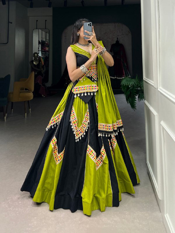 Parrot Green Gamthi Cowrie Worked Navratri Wear Lehenga Choli