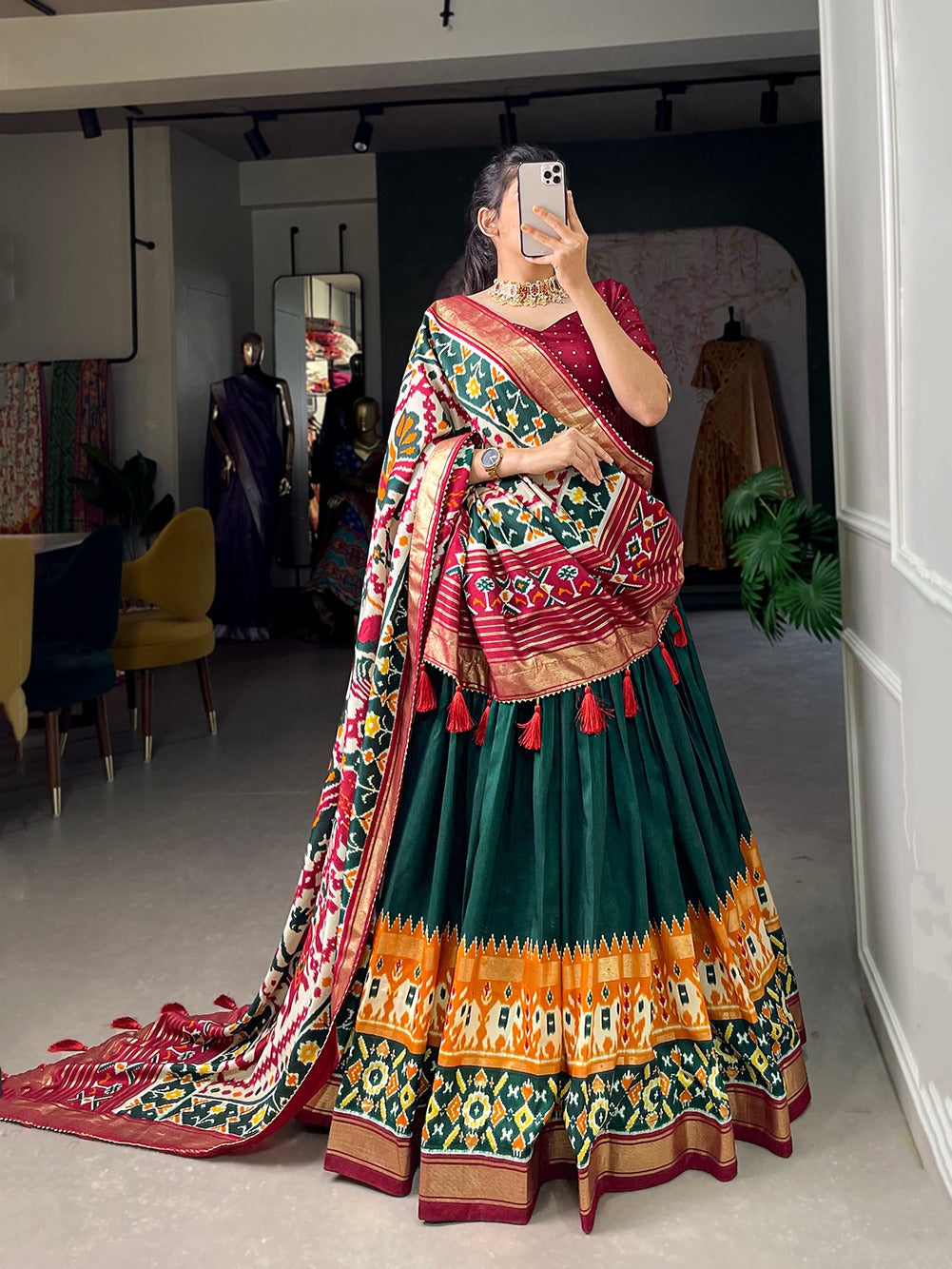 Refined Tussar Silk Patola Printed Lehenga Choli Set - Ethnicwish