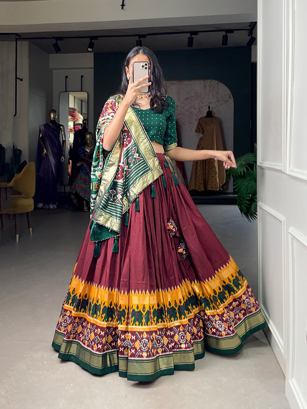 Refined Tussar Silk Patola Printed Lehenga Choli Set - Ethnicwish
