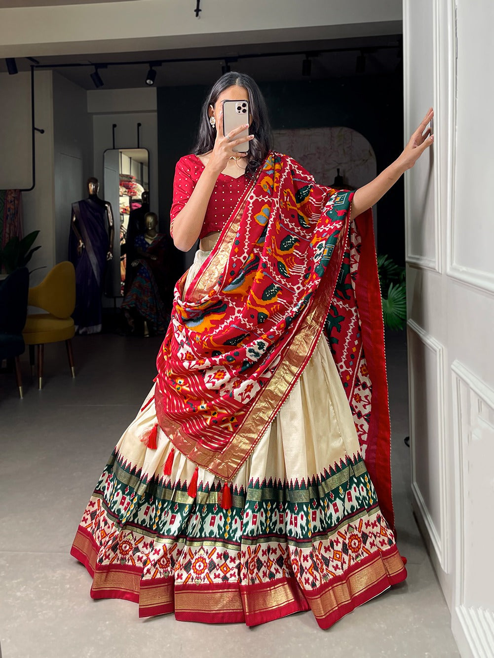 Refined Tussar Silk Patola Printed Lehenga Choli Set - Ethnicwish
