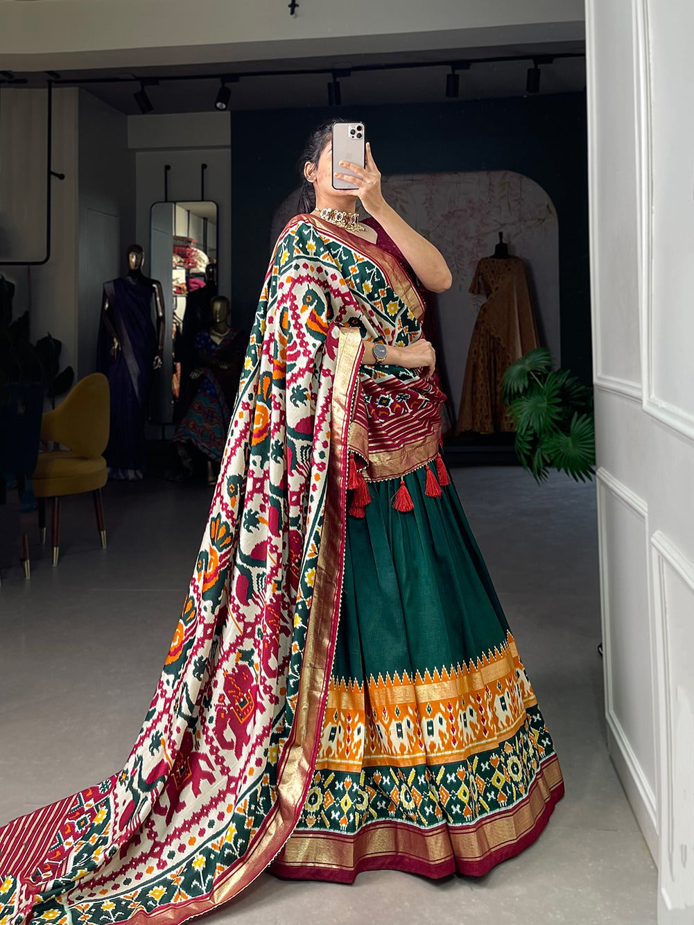 Refined Tussar Silk Patola Printed Lehenga Choli Set - Ethnicwish