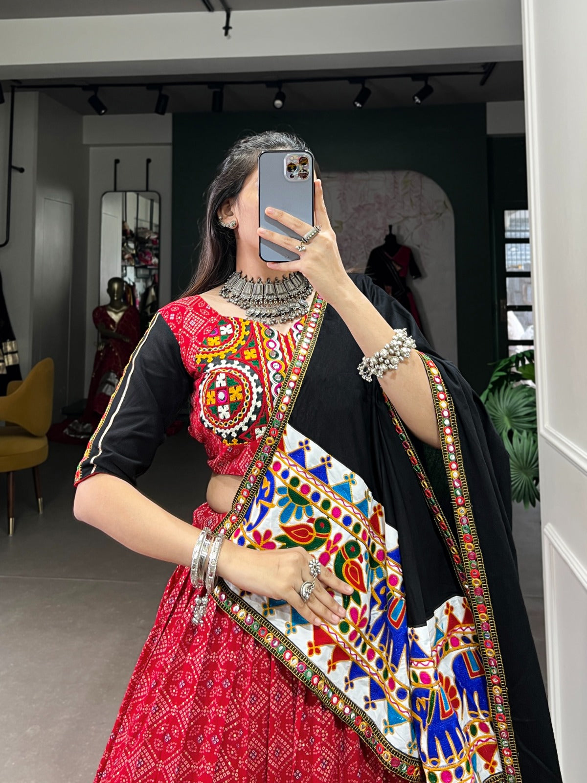 Red Navratri Special Gamthi Mirror Printed Lehenga Choli