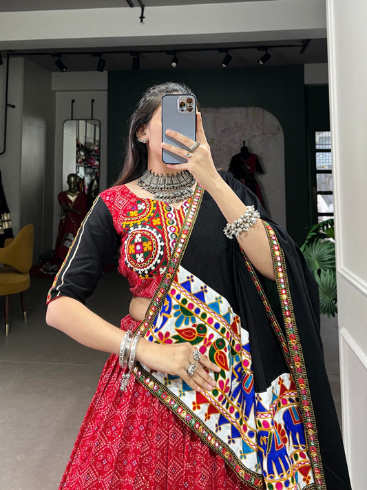 Red Navratri Special Gamthi Mirror Printed Lehenga Choli