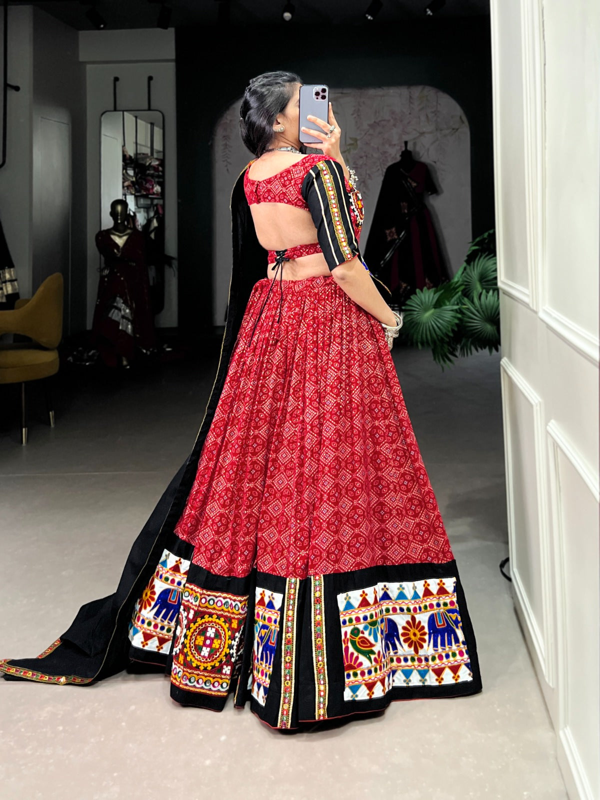 Red Navratri Special Gamthi Mirror Printed Lehenga Choli