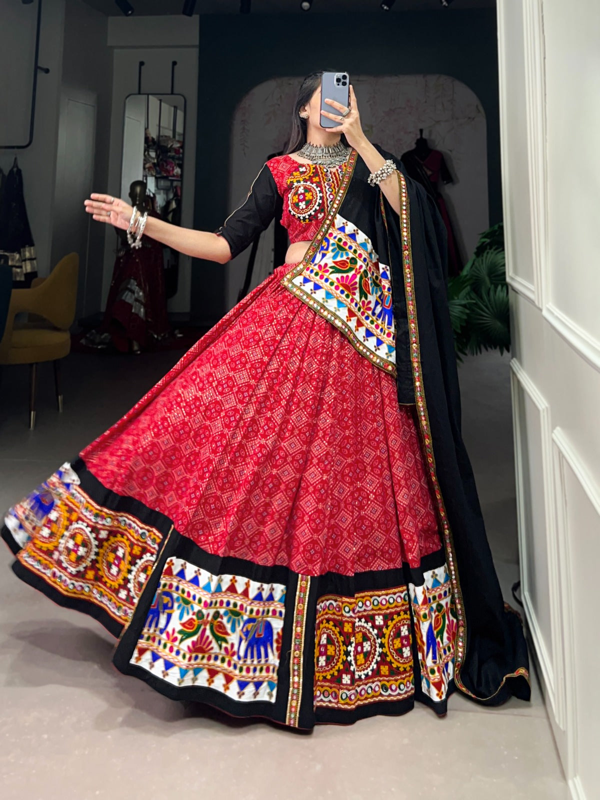 Red Navratri Special Gamthi Mirror Printed Lehenga Choli
