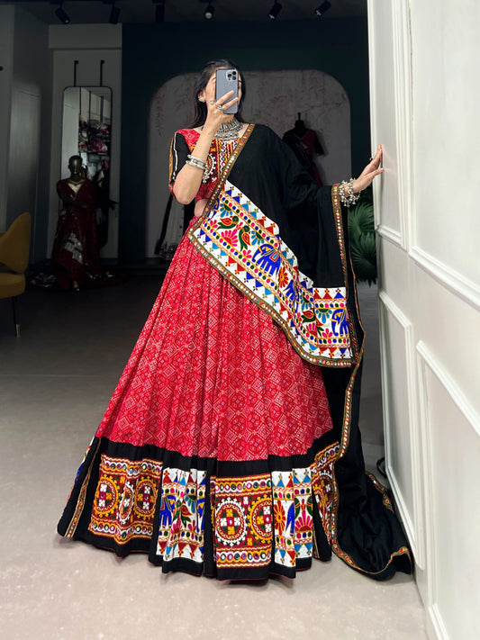Red Navratri Special Gamthi Mirror Printed Lehenga Choli