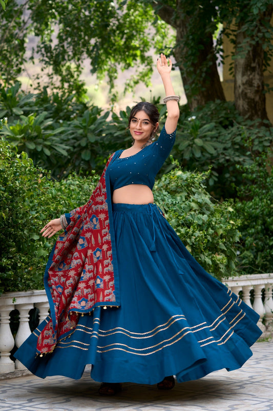 Prepossessing Firozi Pure Cotton Gota Patti Worked Lehenga Choli - Ethnicwish