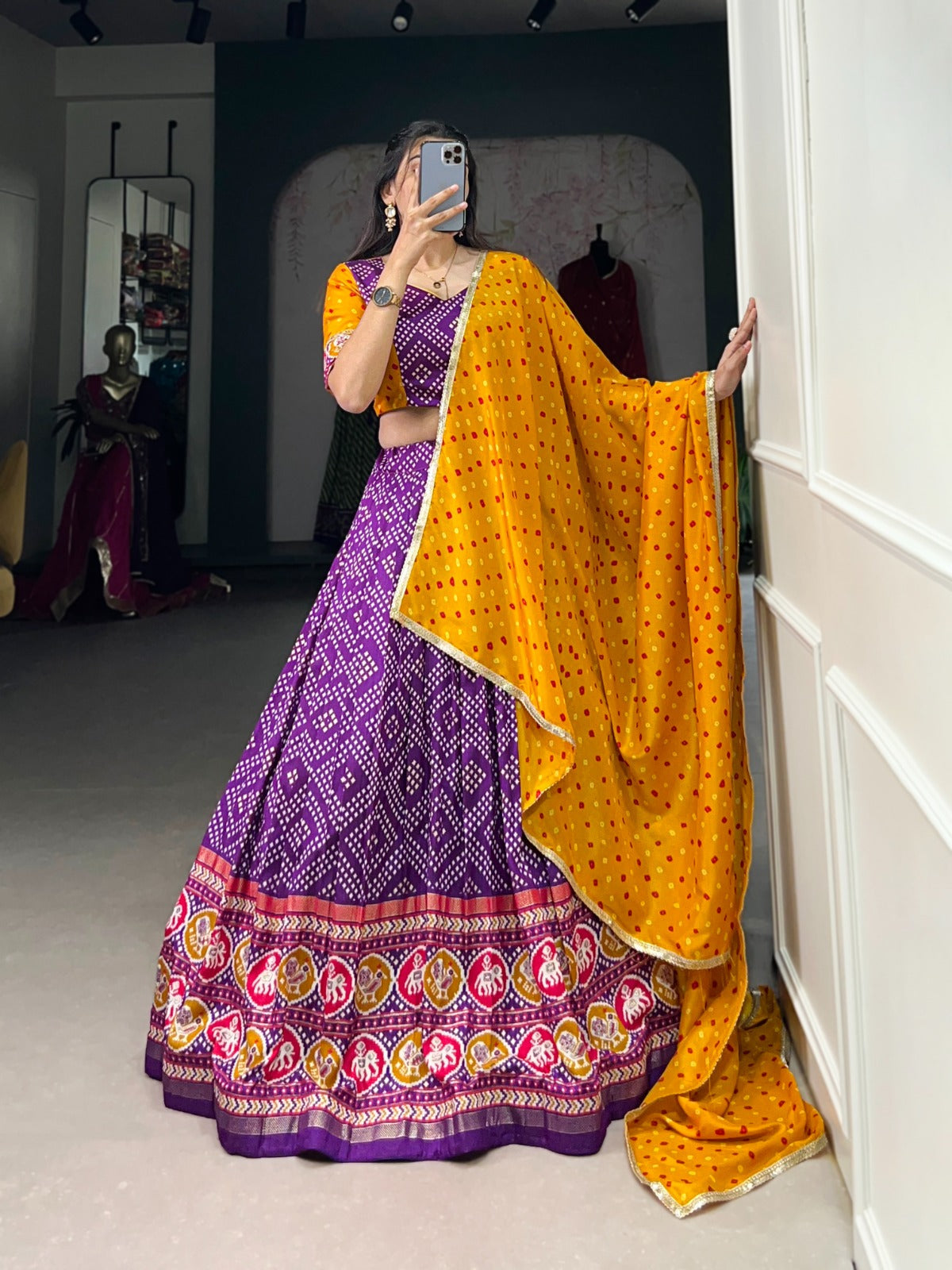 Delightful Tussar Silk Patola Printed Lehenga Choli Set - Ethnicwish