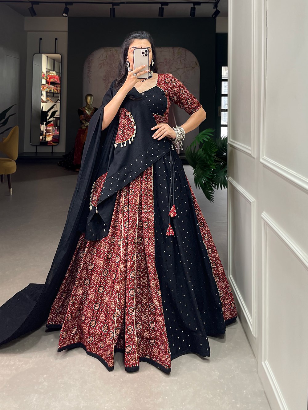 Maroon Pure Cotton Printed Mirror Worked Lehenga Choli