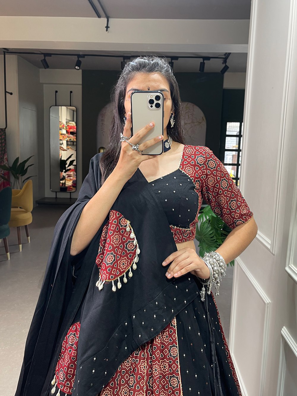 Maroon Pure Cotton Printed Mirror Worked Lehenga Choli