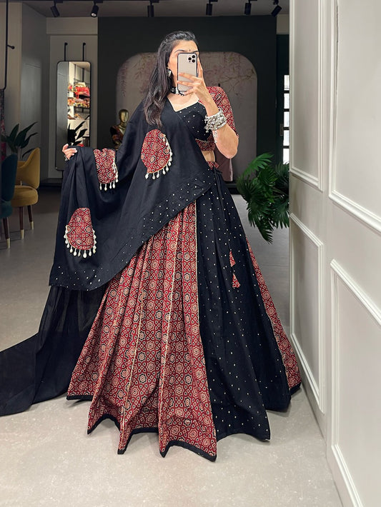 Maroon Pure Cotton Printed Mirror Worked Lehenga Choli