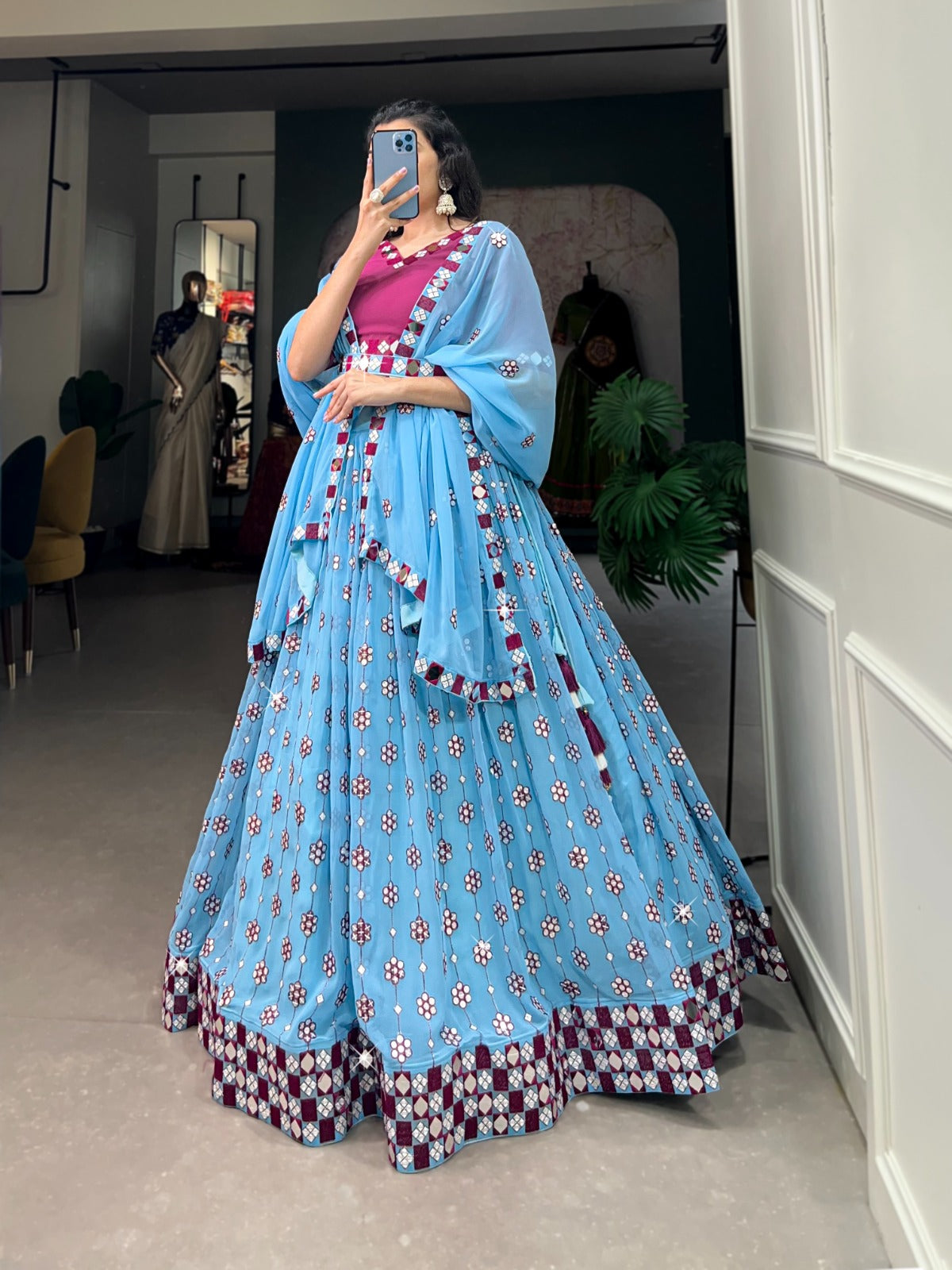 Lovely Sky Blue Georgette Sequins Embroidered Mirror Worked Lehenga Choli - Ethnicwish