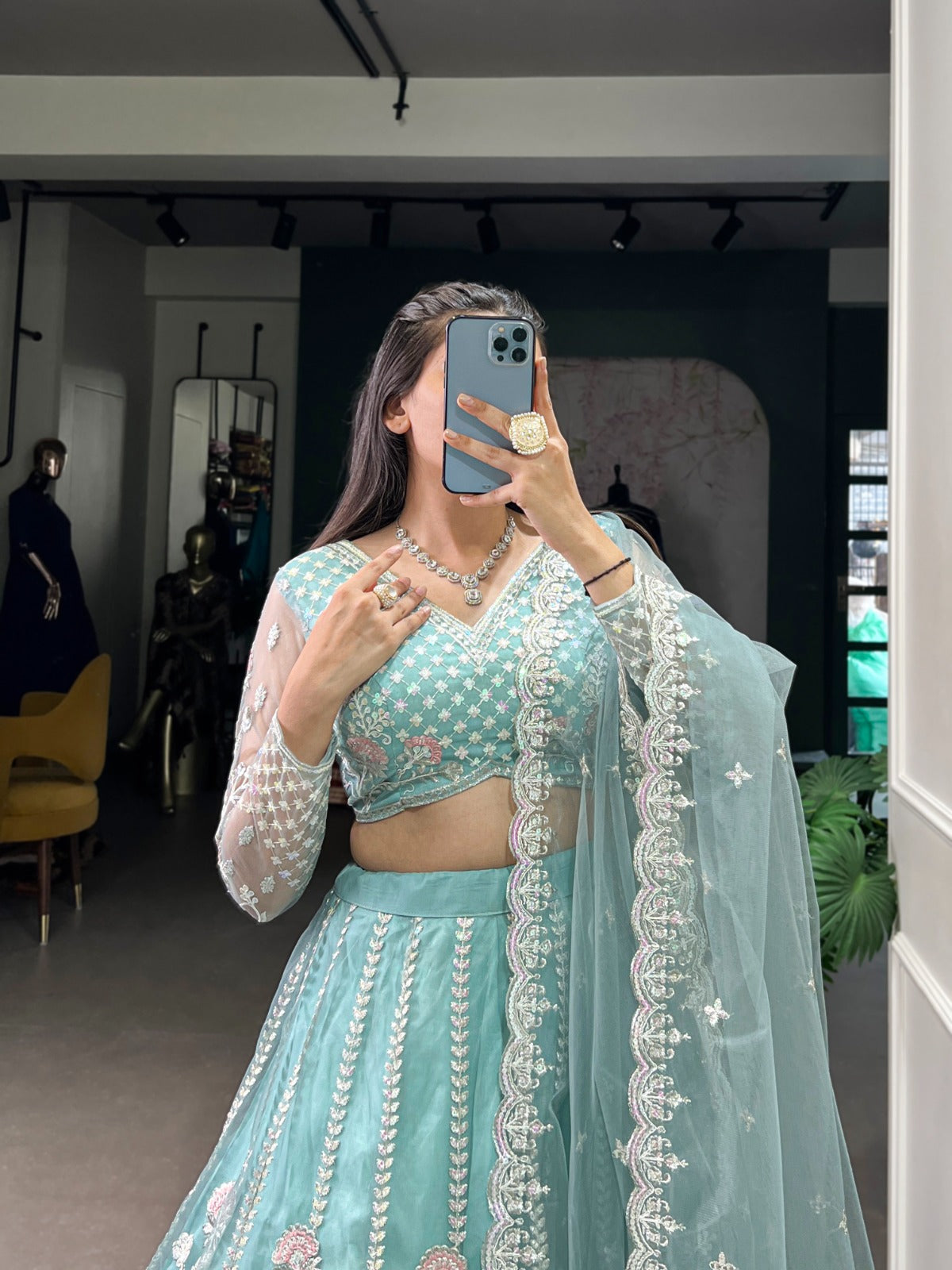 Pastel Blue Net Sequins Thread Worked Lehenga Choli