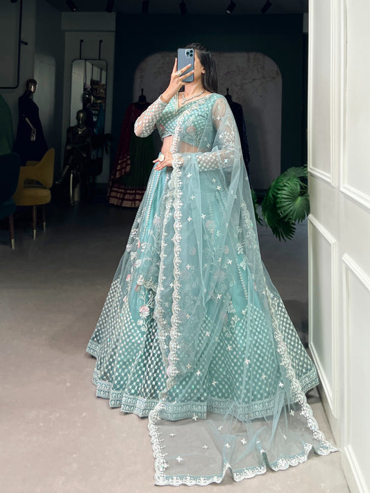 Pastel Blue Net Sequins Thread Worked Lehenga Choli