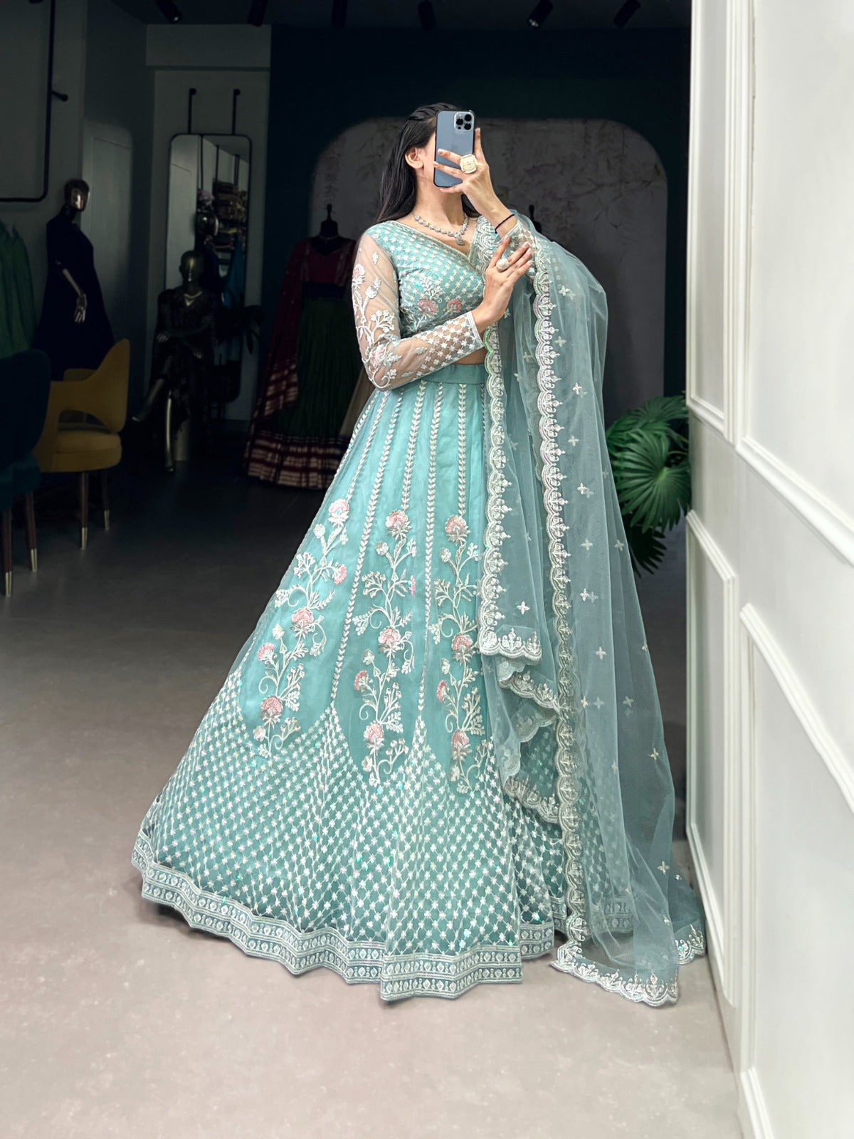 Pastel Blue Net Sequins Thread Worked Lehenga Choli