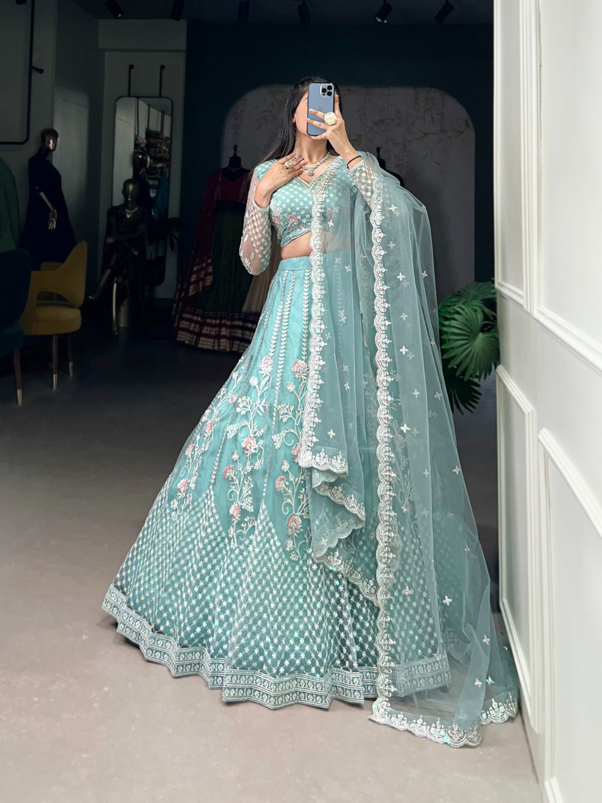 Pastel Blue Net Sequins Thread Worked Lehenga Choli