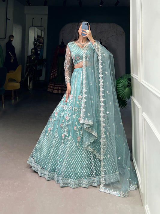 Pastel Blue Net Sequins Thread Worked Lehenga Choli