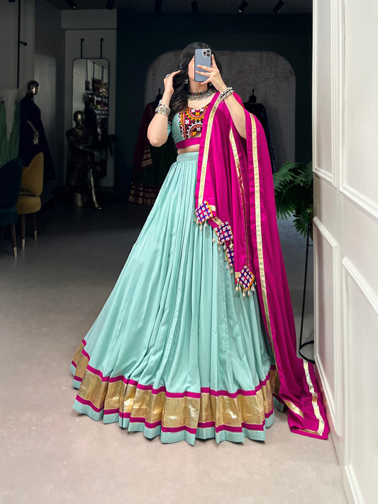 Sky Blue Pure Rayon Miror Gamthi Worked Navratri Wear Lehenga Choli