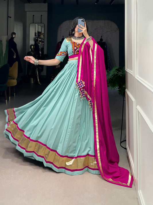 Sky Blue Pure Rayon Miror Gamthi Worked Navratri Wear Lehenga Choli