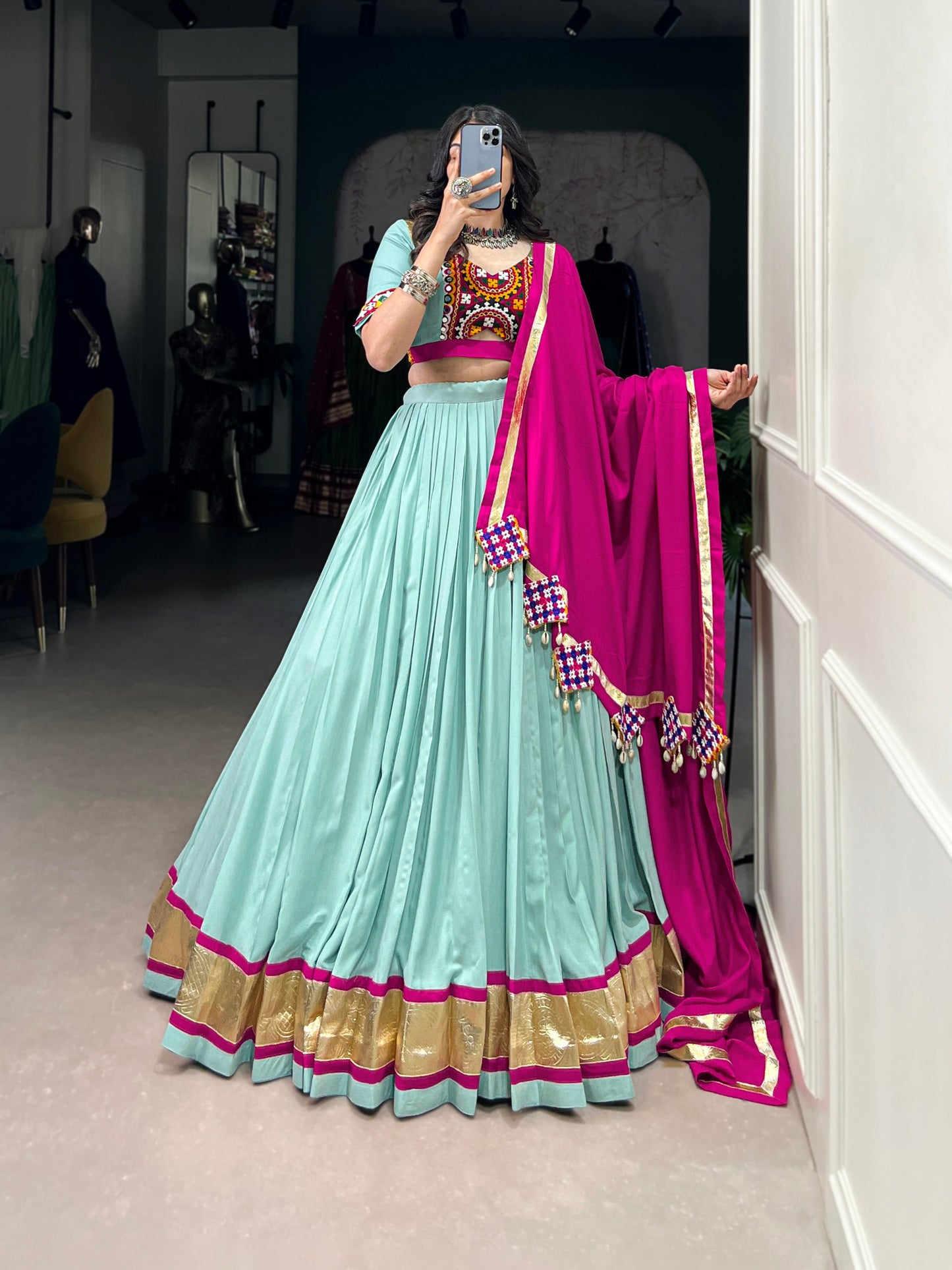 Sky Blue Pure Rayon Miror Gamthi Worked Navratri Wear Lehenga Choli