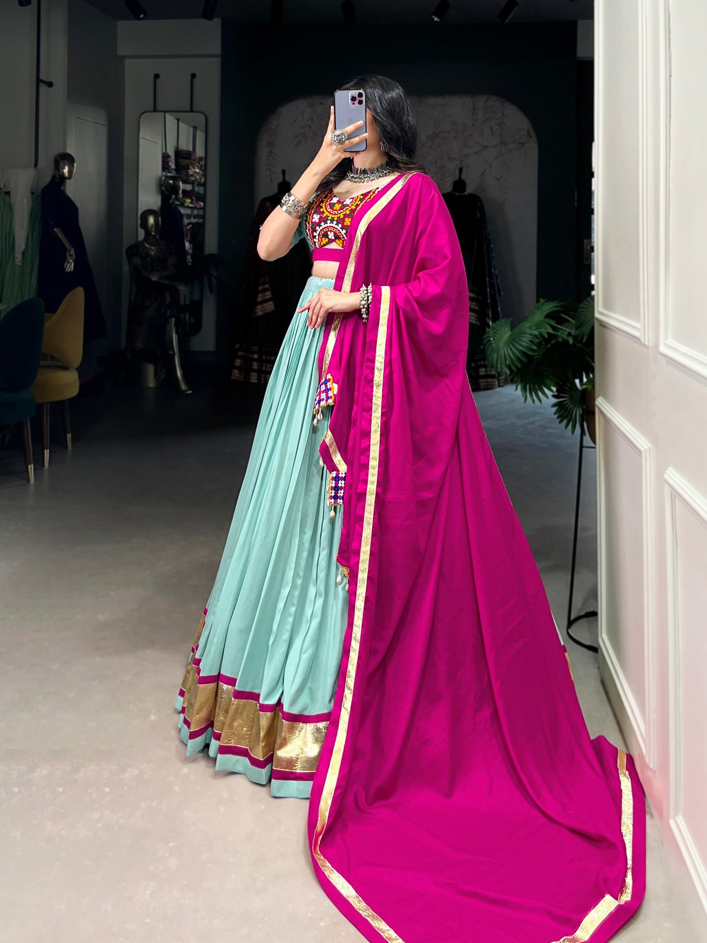 Sky Blue Pure Rayon Miror Gamthi Worked Navratri Wear Lehenga Choli