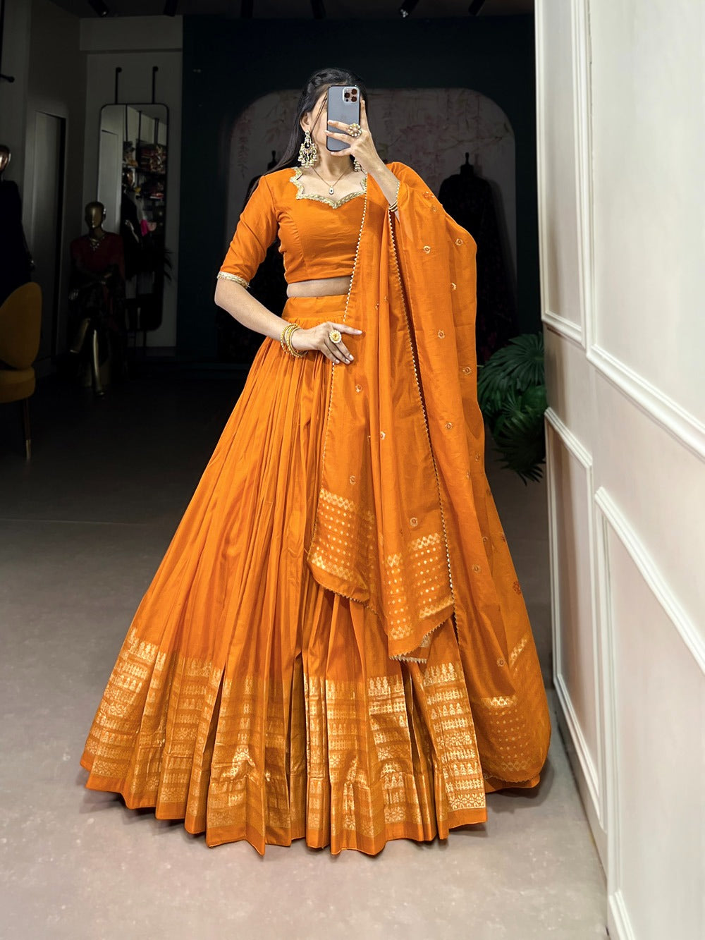 Resplendent Pure Chanderi Silk Zari Weaving Worked Lehenga Choli