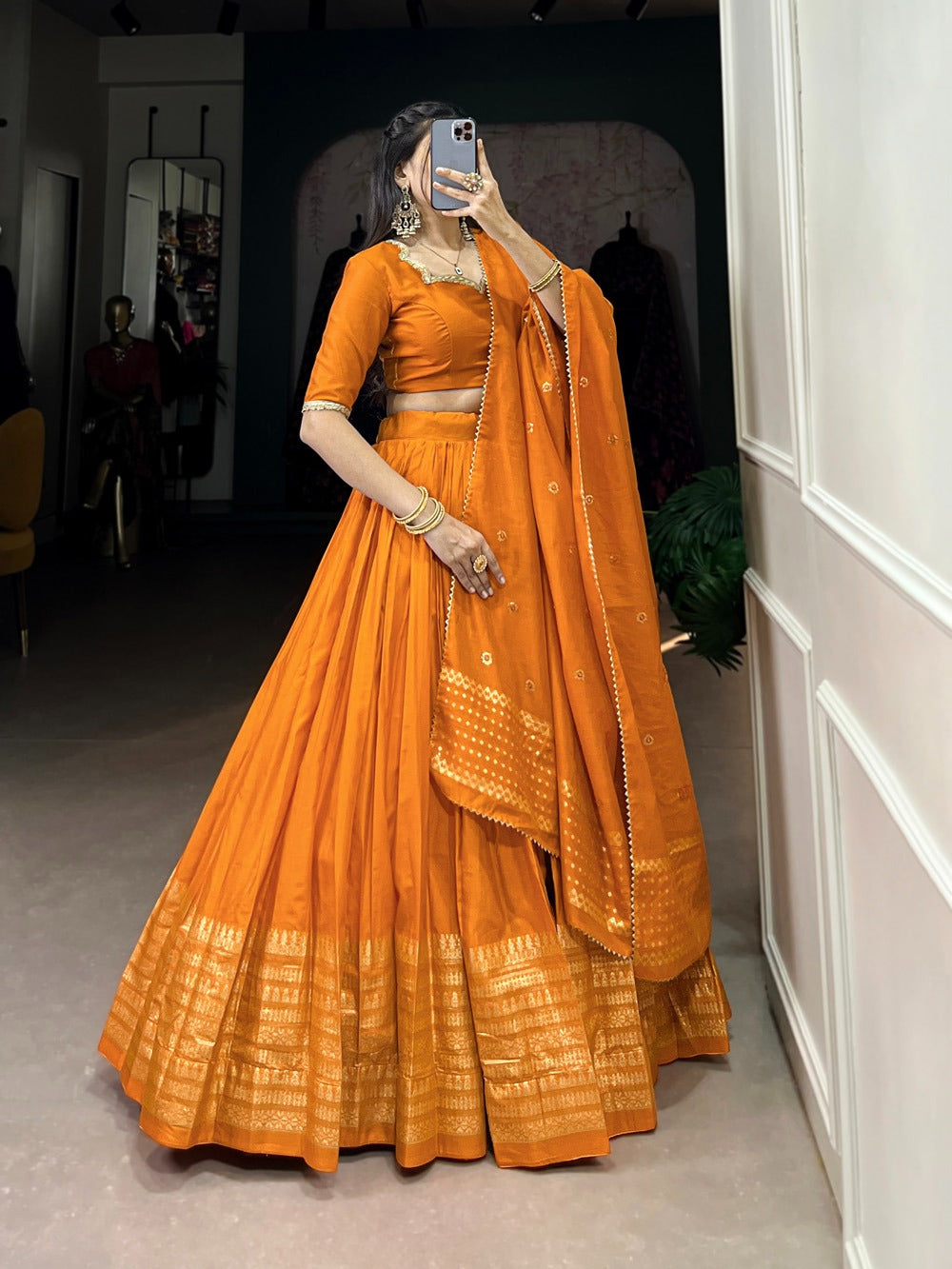 Resplendent Pure Chanderi Silk Zari Weaving Worked Lehenga Choli