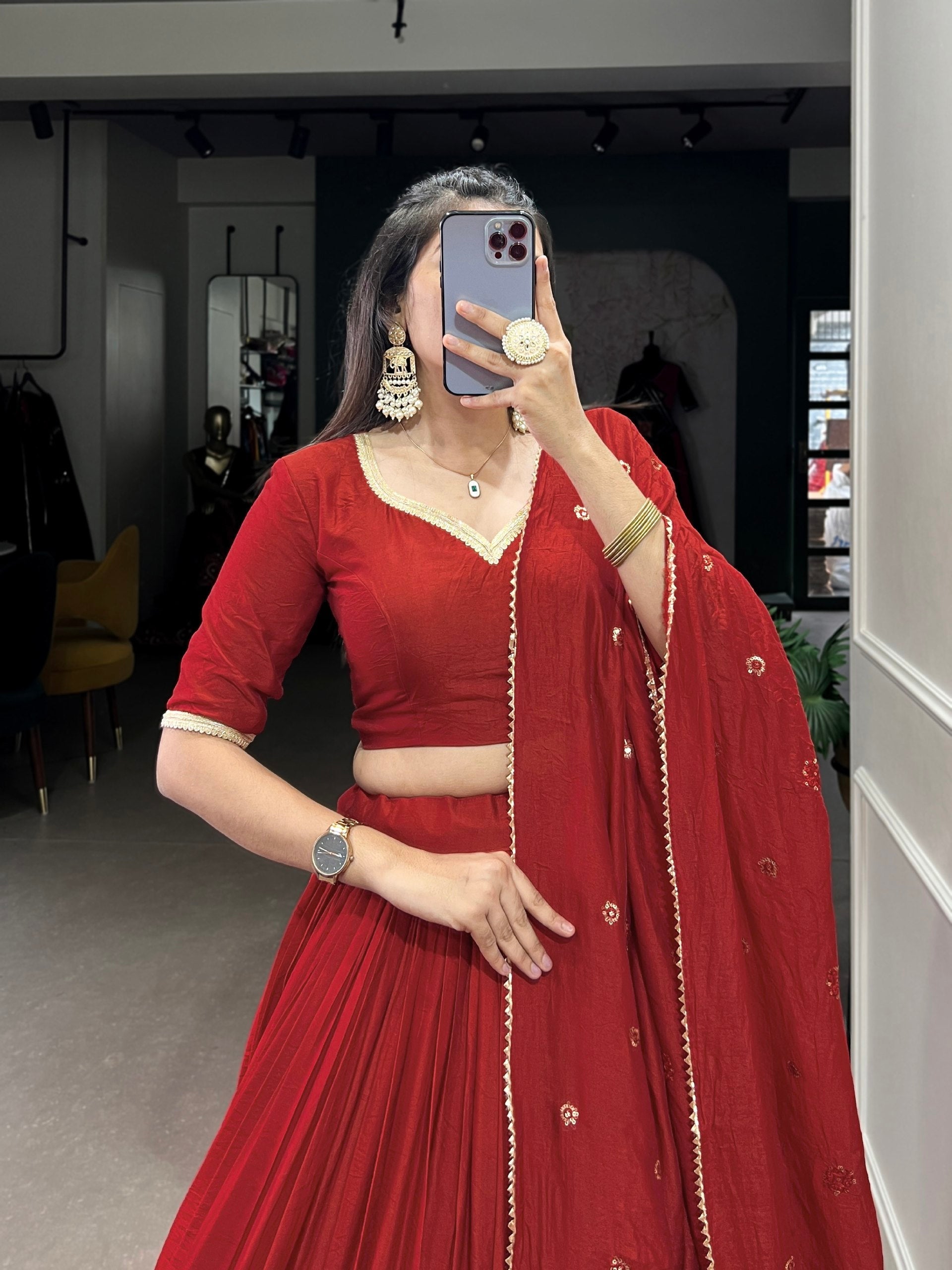 Resplendent Pure Chanderi Silk Zari Weaving Worked Lehenga Choli - Ethnicwish