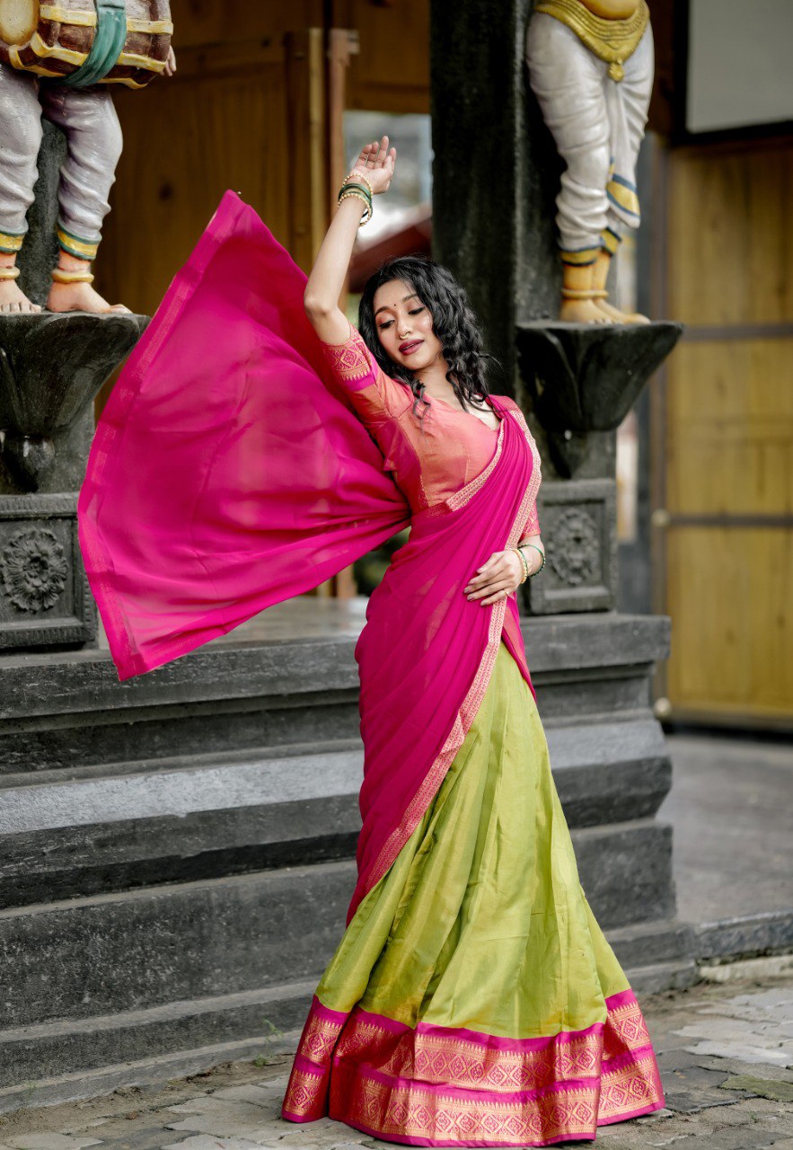 Stunning Pista Green Kanchipuram Silk Zari Weaving Worked Lehenga Choli - Ethnicwish