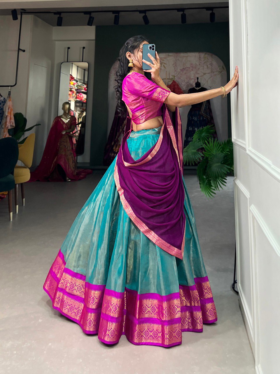 Entrancing Kanchipuram Silk Zari Weaving Worked Lehenga Choli - Ethnicwish