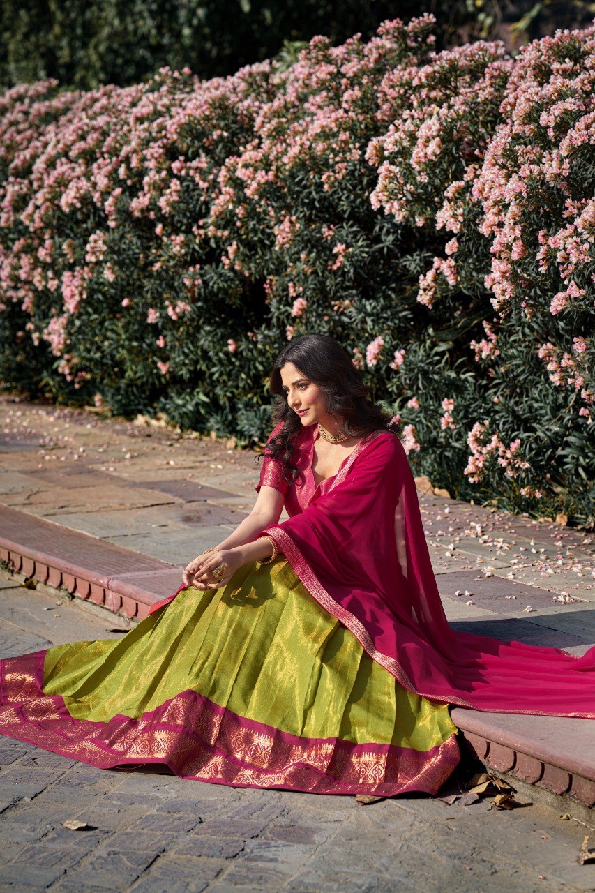 Entrancing Kanchipuram Silk Zari Weaving Worked Lehenga Choli - Ethnicwish