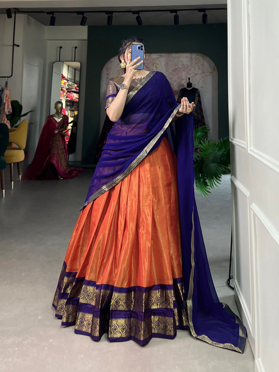 Entrancing Kanchipuram Silk Zari Weaving Worked Lehenga Choli - Ethnicwish