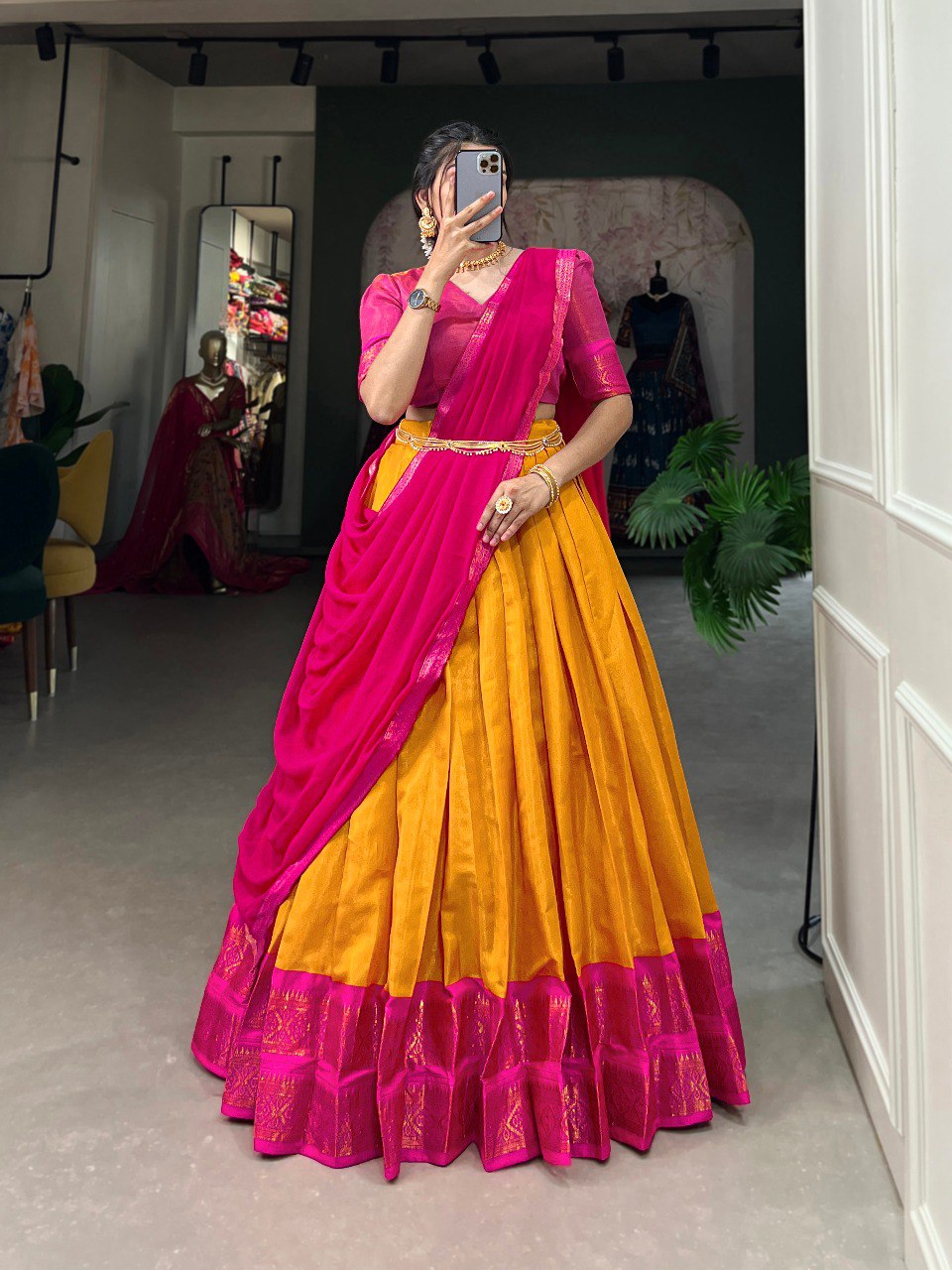 Entrancing Kanchipuram Silk Zari Weaving Worked Lehenga Choli - Ethnicwish