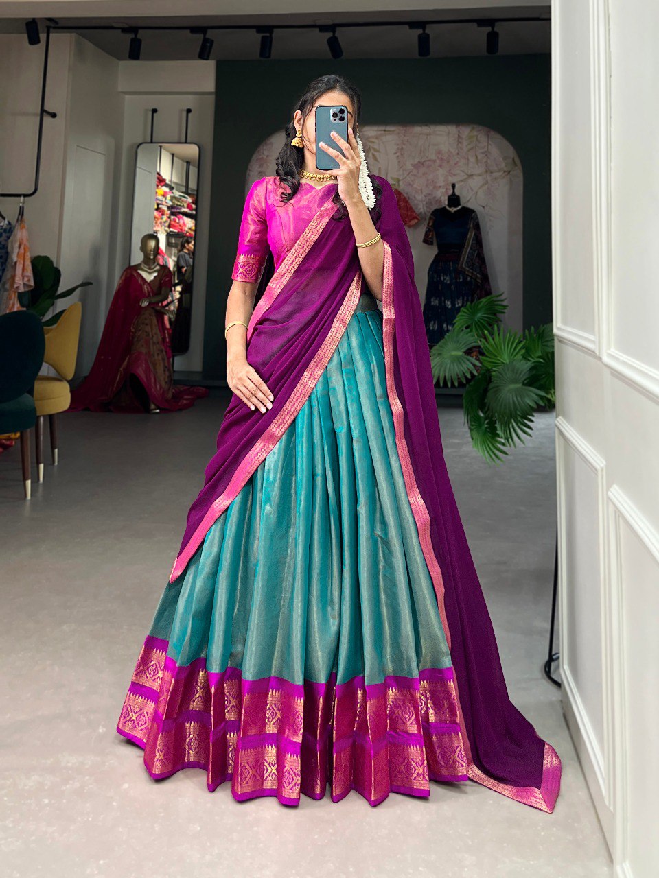 Entrancing Kanchipuram Silk Zari Weaving Worked Lehenga Choli - Ethnicwish