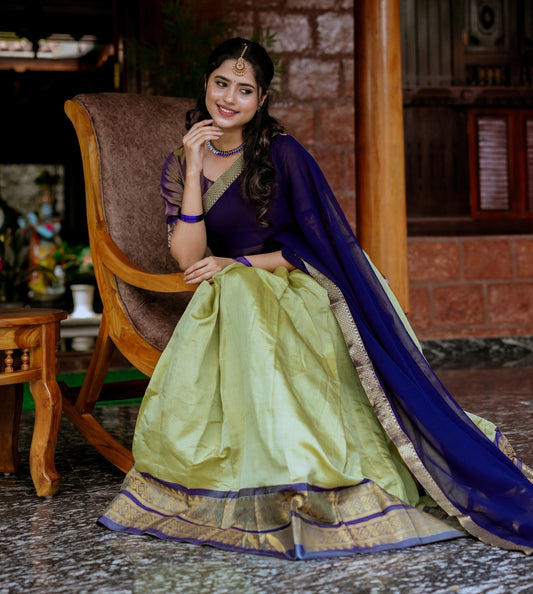Stunning Pista Green Kanchipuram Silk Zari Weaving Worked Lehenga Choli