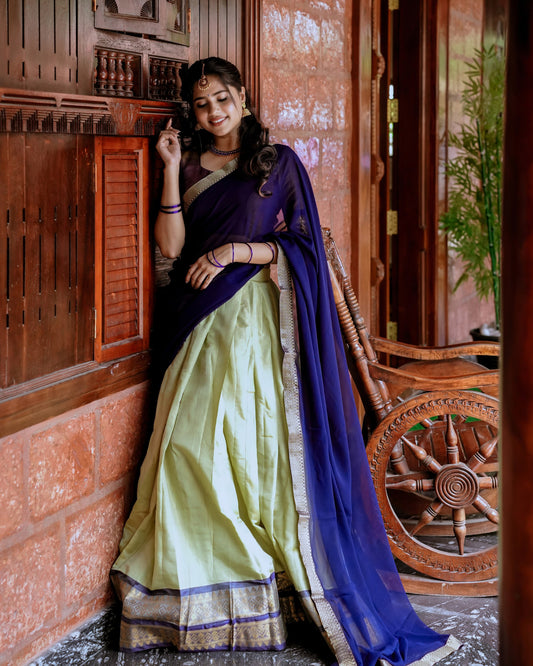 Stunning Pista Green Kanchipuram Silk Zari Weaving Worked Lehenga Choli
