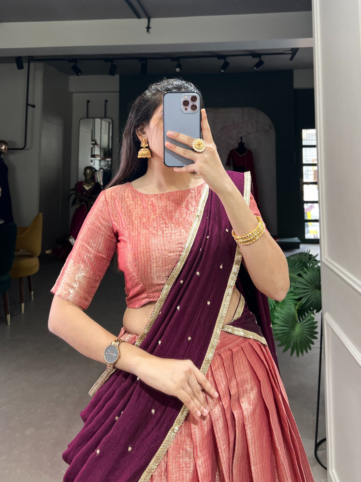 Majestic Kanchipuram Silk Zari Weaving Worked Lehenga Choli - Ethnicwish