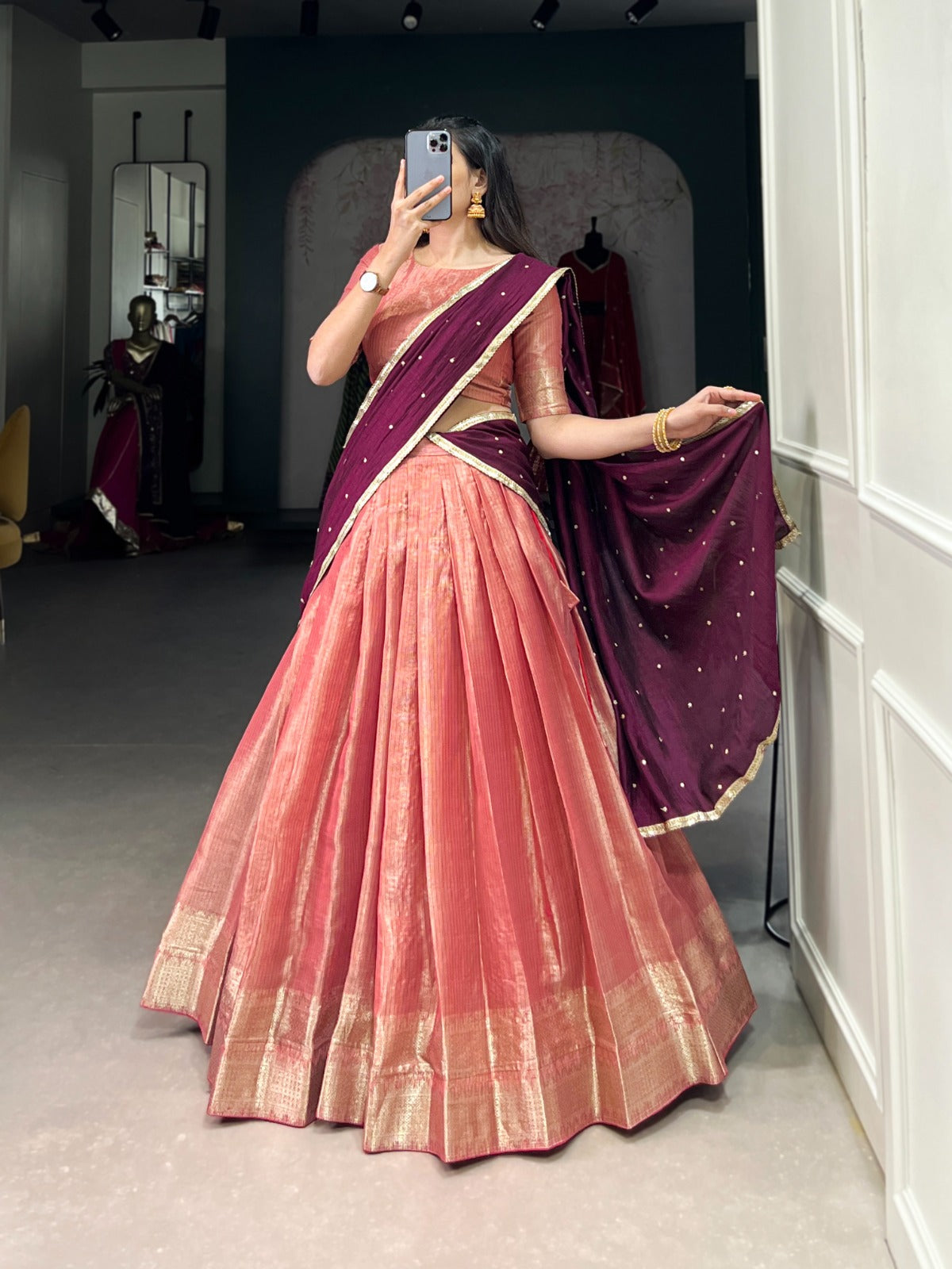 Majestic Kanchipuram Silk Zari Weaving Worked Lehenga Choli - Ethnicwish
