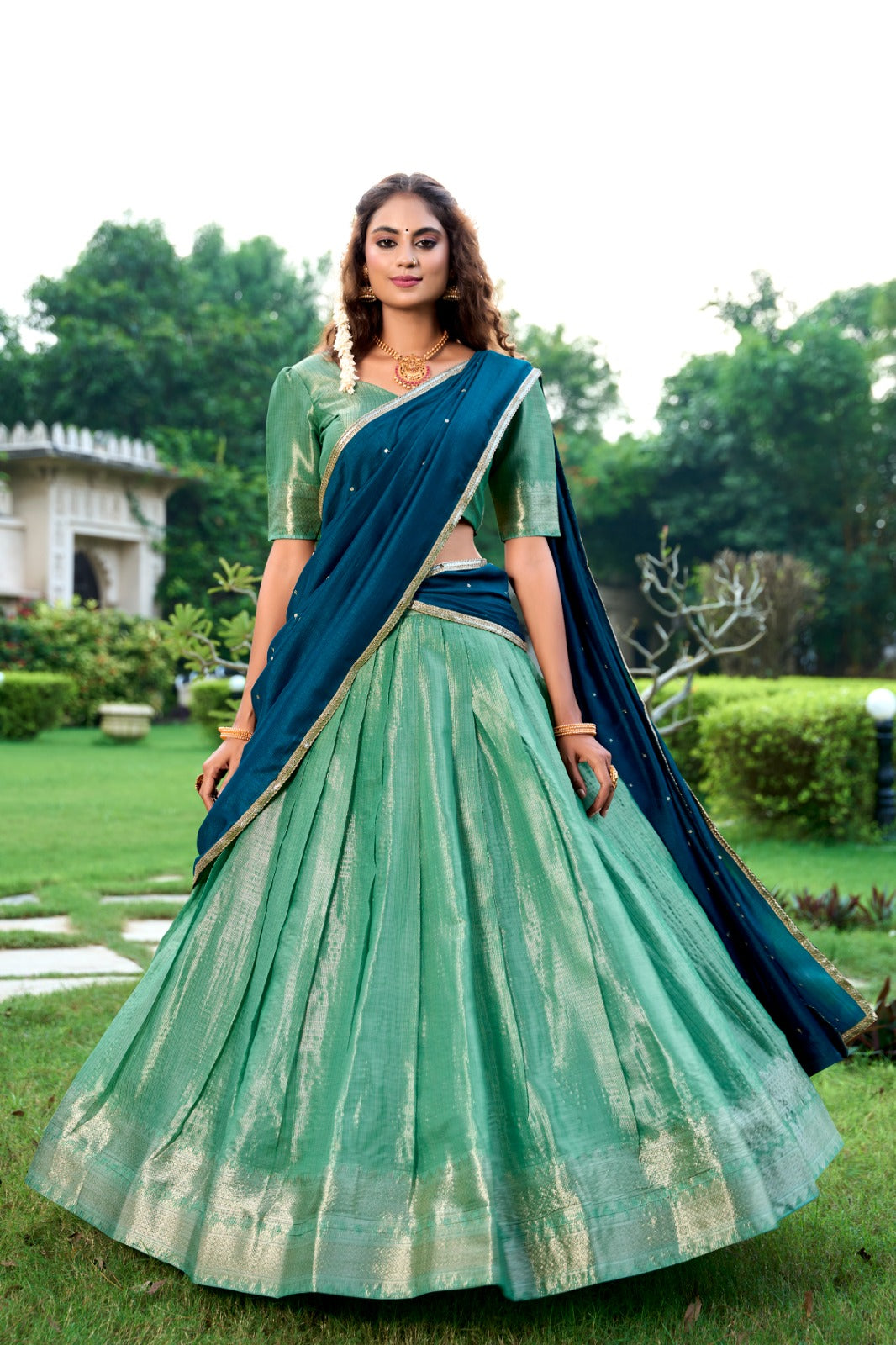 Majestic Kanchipuram Silk Zari Weaving Worked Lehenga Choli - Ethnicwish