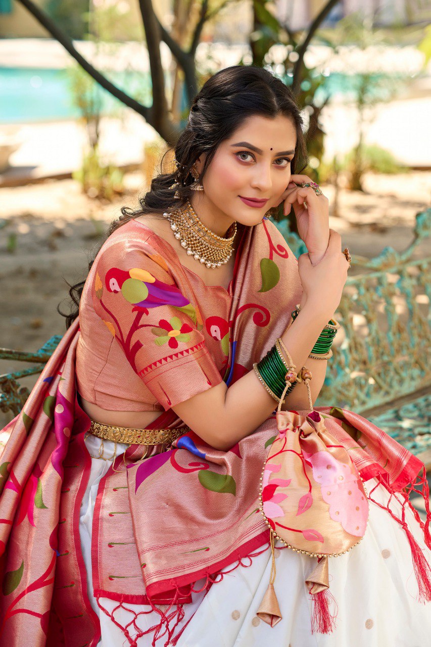 Gorgeous White Paithani Silk Weaving Zari Worked Lehenga Choli - Ethnicwish