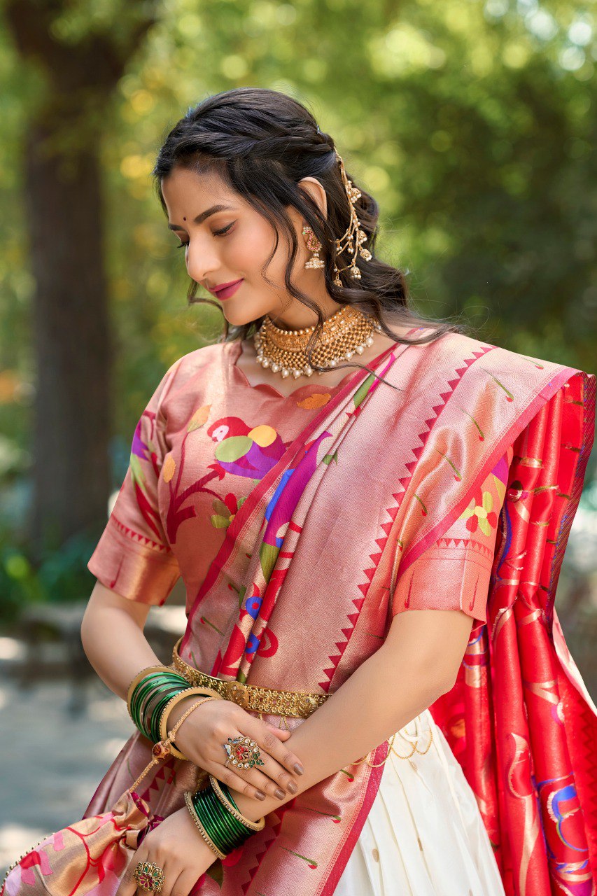Gorgeous White Paithani Silk Weaving Zari Worked Lehenga Choli - Ethnicwish